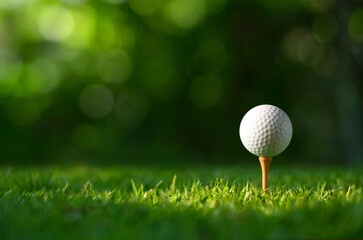 Close-up golf ball on tee with blur green bokeh background.