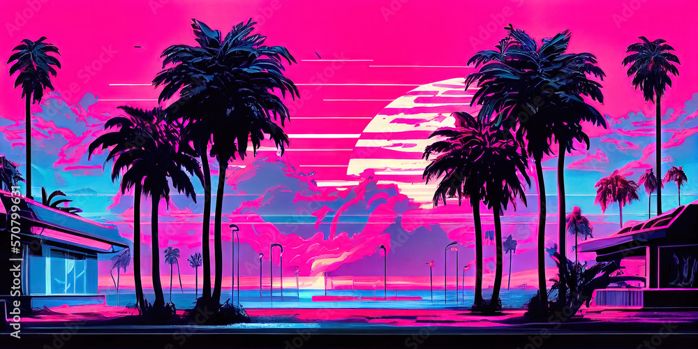 Outrun Synthwave style - 1990s retro aesthetic with palm trees and ...