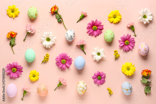 Canvas Print Composition with painted Easter eggs and different flowers on pink background