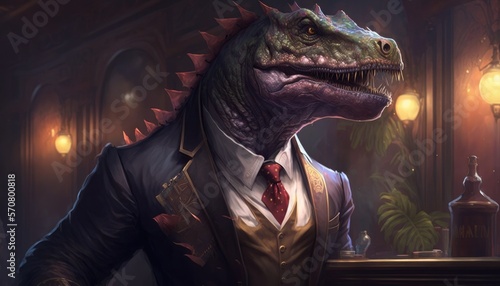 Dinosaur in a suit, very elegant, in the style of final fantasy tactics © Dniel