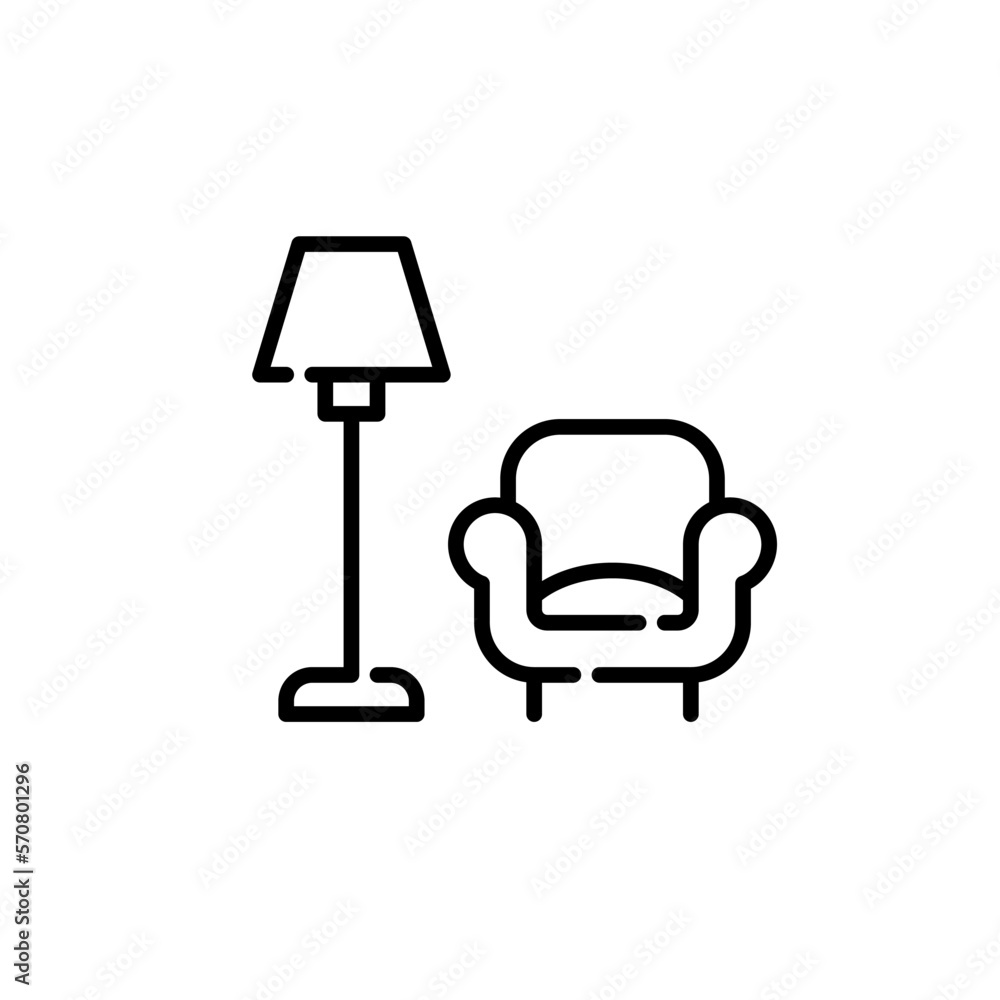 Floor lamp and sofa chair. Comfortable place in living room. Pixel perfect, editable stroke icon Floor lamp and sofa chair. Comfortable place in living room. Pixel perfect, editable stroke icon