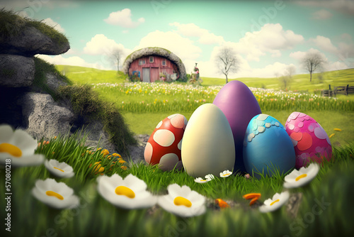 Colorful Easter Eggs Nestled in a Meadow on a Farm Background generated by AI
