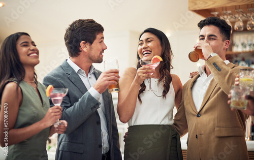 Wall Mural Friends with drinks, alcohol and relax, people together at work event or happy hour, social time with celebration