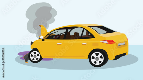 Fototapeta Naklejka Na Ścianę i Meble -  Illustiation and Vector. Accident of a passenger car. Bonnet was opened and the front was severely damaged. With smoke and oil leak  coming out from engine the front.