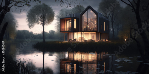 Riverfront Retreat: A Modern House in the Twilight Generative AI
