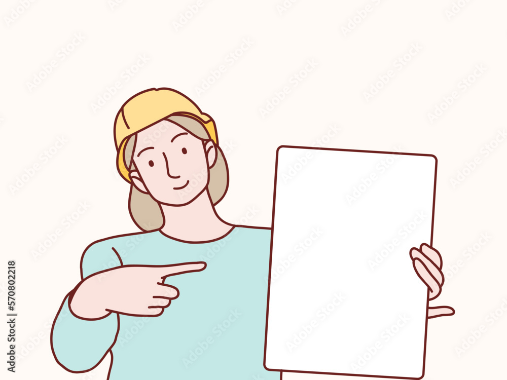 woman construction worker holding pointing lift up white blank banner paper simple korean style illustration woman construction worker holding pointing lift up white blank banner paper simple korean style illustration