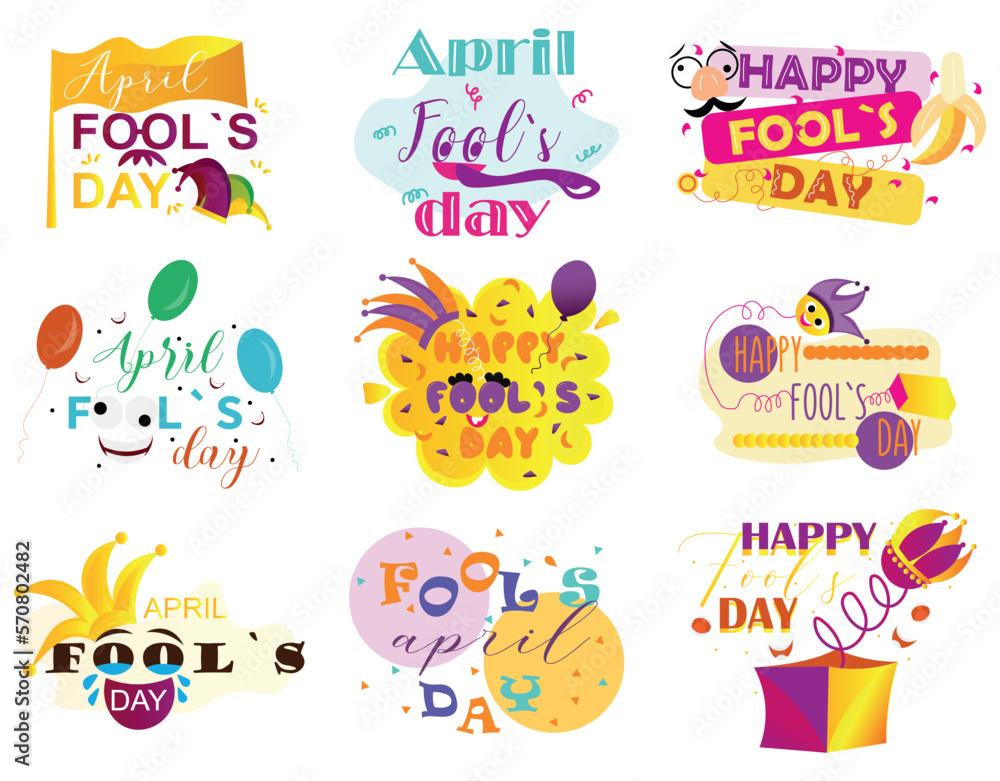Collage of banners for April Fool's Day celebration on white background