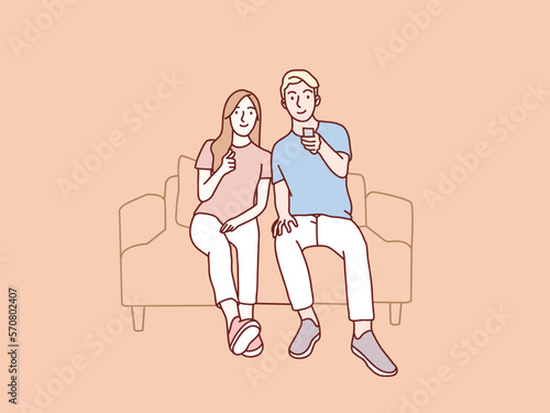 Couple holding remote tv and watching television on a sofa simple korean style illustration