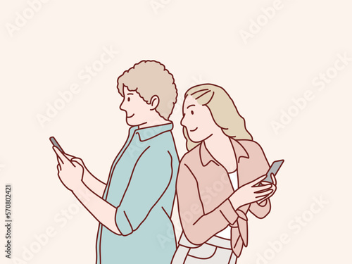 Happy back to back couple holding phone on hand simple korean style illustration