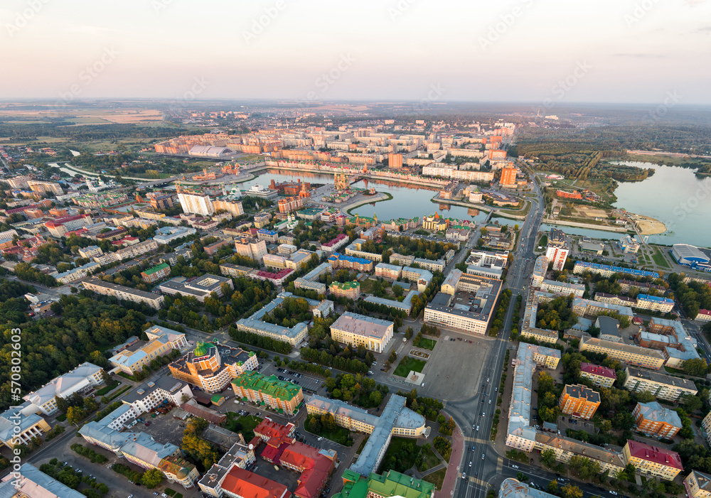 Yoshkar-Ola, Russia. Panorama of the city center during sunset. Aerial view