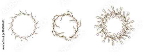 Set of frames made of pussy willow branches on white background