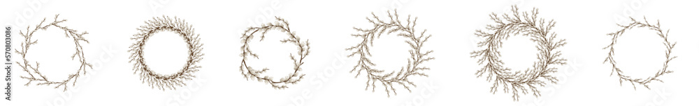 Set of frames made of pussy willow branches on white background Set of frames made of pussy willow branches on white background