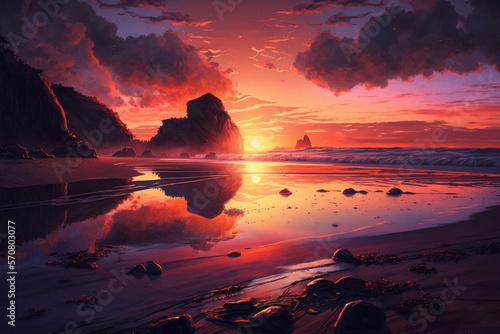 Stunning sunset view on the beach shore generative AI