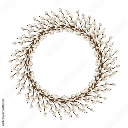 Wreath made of pussy willow branches on white background