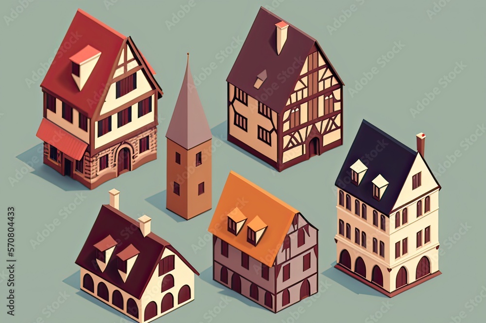 Retro Germany Houses: Half-Timbered Facades & Cottages Isometric Vector Illustration. Photo AI