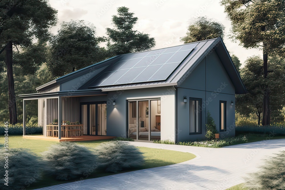View of Eco-Friendly Home: Modern Single-Storey with Solar Panels & Wall ...