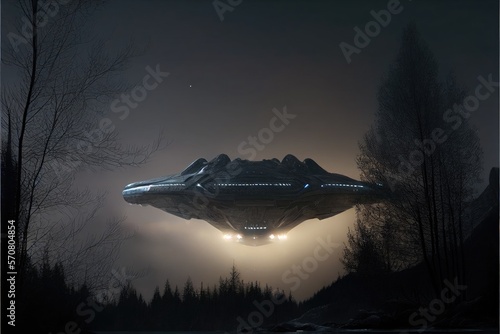 Extraterrestrial aliens spaceship flying over the river and forest, a flying saucer shaped ship, a ufo with bright white bioluminescent light in dark stormy sky, muted sunlight, generative ai 