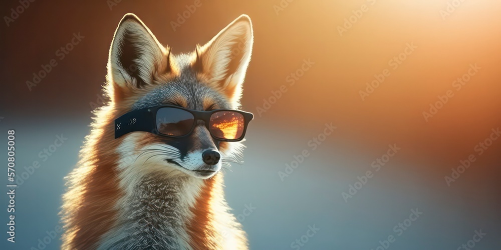 Fototapeta premium cute fox wearing summer sunglasses, summer background, Generative AI