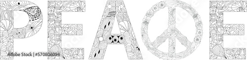 Word PEACE for coloring. Vector zentangle object for decoration