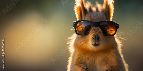 cute squirrel wearing summer sunglasses, summer background, generative AI