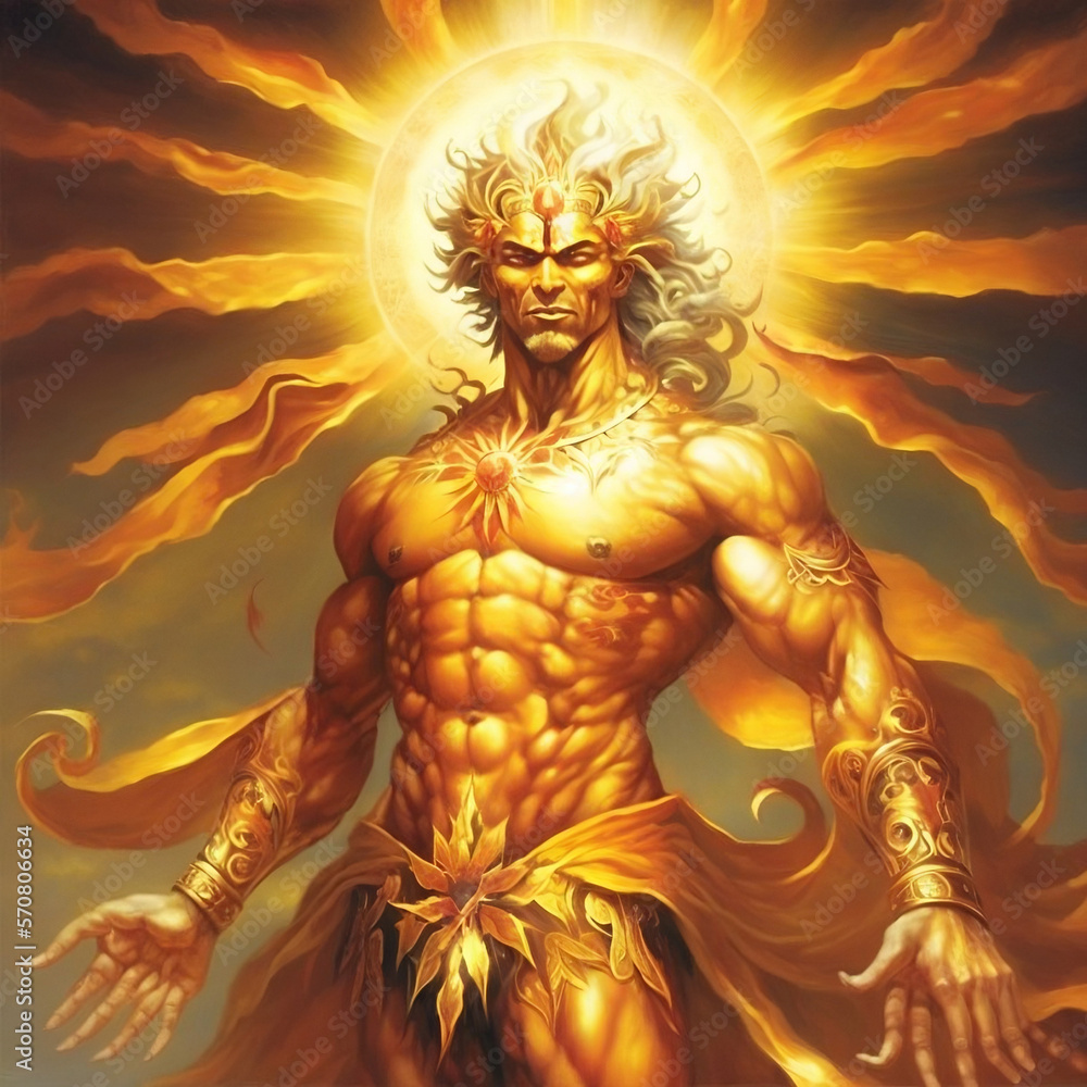 The majestic Sun God radiates with brilliance and power, casting his luminous rays upon all creation. 