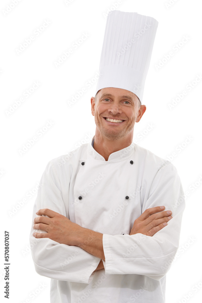 Chef, portrait and man with confident smile, cafe owner and small business leader in restaurant industry. Isolated on white background, happy executive French cook in uniform, arms crossed in studio. Chef, portrait and man with confident smile, cafe owner and small business leader in restaurant industry. Isolated on white background, happy executive French cook in uniform, arms crossed in studio.