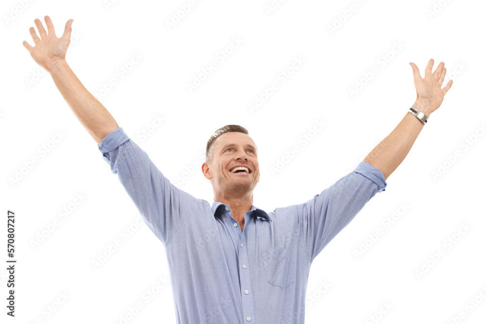 Winning man and arms up isolated on a white background with success or excited for bonus, sales and profit. Business professional, person or worker with yes, celebration or freedom in studio mockup Winning man and arms up isolated on a white background with success or excited for bonus, sales and profit. Business professional, person or worker with yes, celebration or freedom in studio mockup