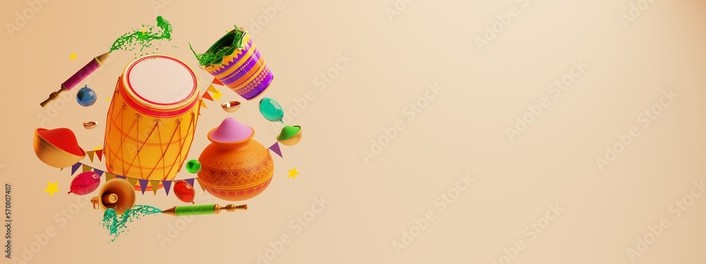 Naklejka premium Indian festival Holi elements. Holi decoration elements. colorful trendy banner. 3d rendering in white background