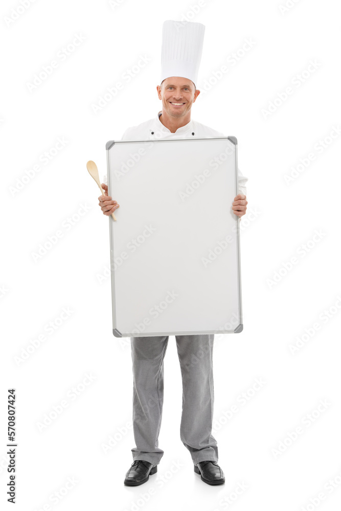 Chef, man and whiteboard isolated on a white background of empty menu, mockup space and culinary services. Professional cooking or bakery person and board mock up for startup ideas in studio portrait Chef, man and whiteboard isolated on a white background of empty menu, mockup space and culinary services. Professional cooking or bakery person and board mock up for startup ideas in studio portrait
