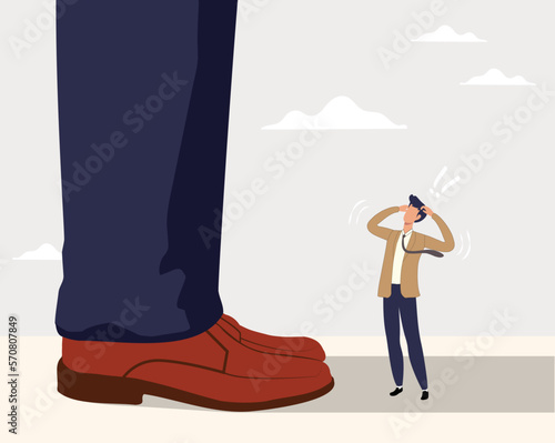 Huge legs with small businessman standing in front. Tiny businessman looking forward on huge legs of another businessman. Business competitors concept.