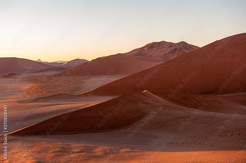 Naklejka premium Exterior shot of the Namibian Sossusvlei sanddunes near the famous Dune 45 around sunrise