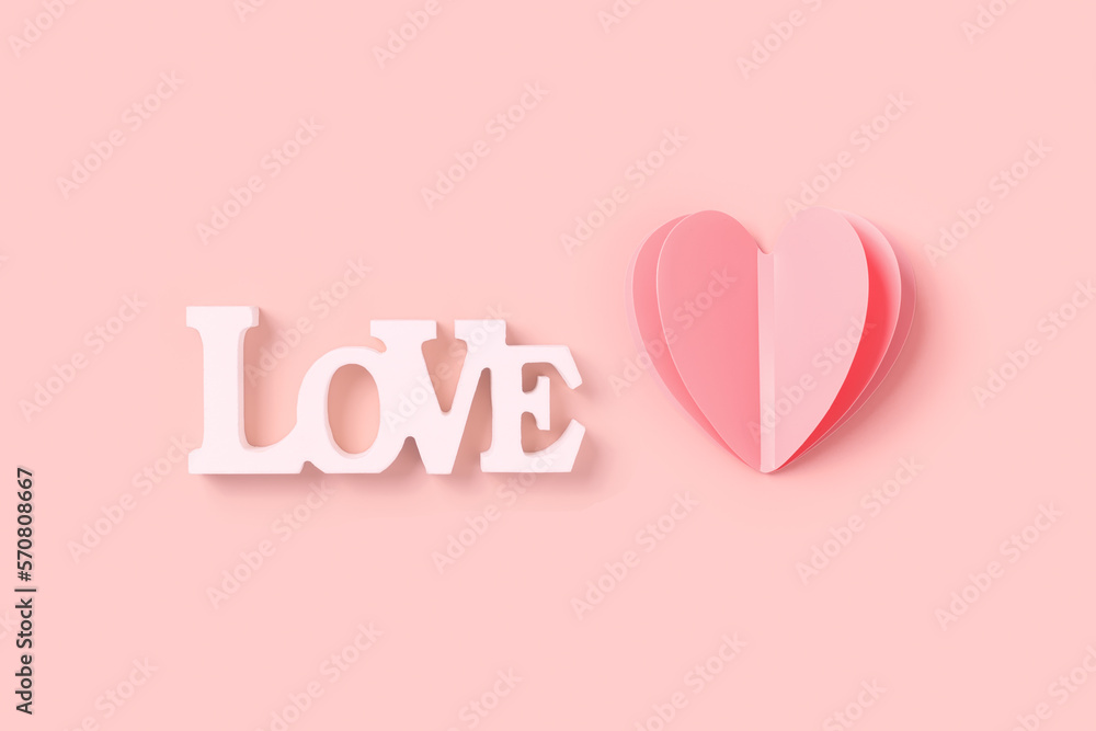 Heart and word love, St. Valentine Day, love or wedding day concept. Cut pink paper heart and white wooden text love as symbol romantic relationships, pink color background, minimal flatlay Heart and word love, St. Valentine Day, love or wedding day concept. Cut pink paper heart and white wooden text love as symbol romantic relationships, pink color background, minimal flatlay