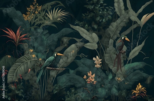 Wallpaper palm tropical forest vintage jungle pattern with birds dark mood