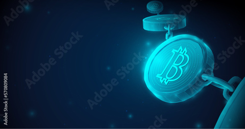 Low polygonal wireframe style Bitcoin and blockchain. Cryptocurrency and technology