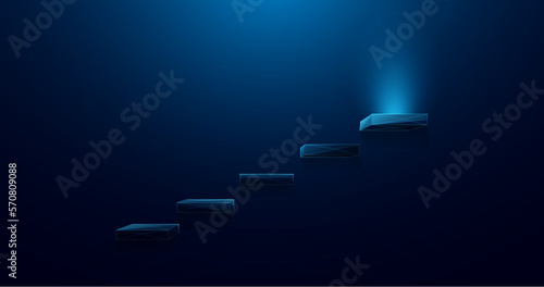 Low polygonal wireframe style Blue stairs to sparkles top step, success. Vector illustration