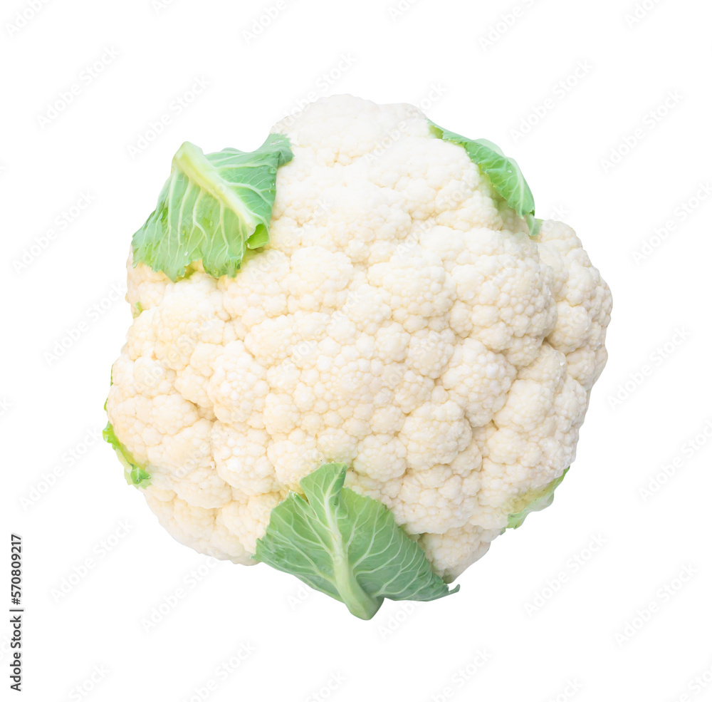 Close up of single fresh ripe white cauliflower head with some green leaves isolated on white background with clipping path in png file format. Top view of organic vegetable, Concept of healthy eating Close up of single fresh ripe white cauliflower head with some green leaves isolated on white background with clipping path in png file format. Top view of organic vegetable, Concept of healthy eating