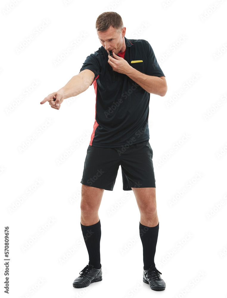Sports, whistle and male referee in a studio pointing for a soccer game or exercise training. Fitness, professional and full body of a man coach coaching a football match isolated by white background Sports, whistle and male referee in a studio pointing for a soccer game or exercise training. Fitness, professional and full body of a man coach coaching a football match isolated by white background