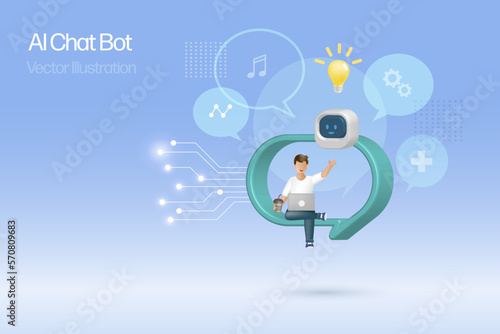 Man in question mark chatting with AI chat bot and giving smart solution. Artificial Intelligence robot communicate with human natural language provide smart solutions. 3D vector.