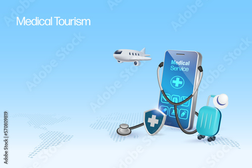 Medical tourism concept. Stethoscope on smartphone with airplane and luggage, symbol of tourist passenger flying for medical treatment and surgery service. 3D vector.