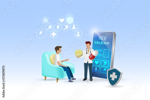 Telemedicine, online doctor consultation technology. Virtual doctor in medical mobile app give patient advise in medicine pills. Medical and health care service wireless technology. 