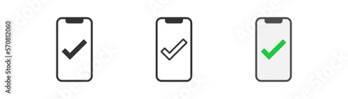 Smartphone with green chekmark icon. Success symbol.Payment, confirmation, ok, accept, done agree signs. Outline, flat and colored style. Flat design. Vector illustration.