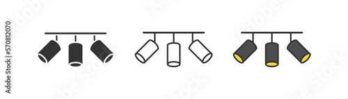 Track lamp icon on light background.Ceiling lightning symbol. Light, interior, tracking light, loft, minimalism. Outline, flat, and colored style. Flat design. Vector illustration.
