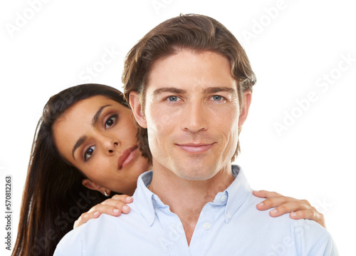 Happiness, love and portrait of couple together on a date hugging on valentines day isolated in a studio white background. People, lovers and man with woman for romance in a relationship © Duncan M/peopleimages.com