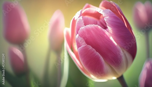 Pink tulip closeup, blur Spring field background. Generative AI