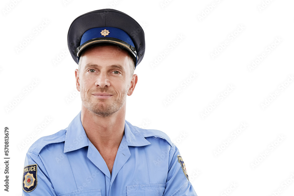 Fototapeta premium Security, safety and portrait of police with smile on white background for authority, leadership and pride. Law enforcement, justice and isolated face of guard, policeman and officer happy in uniform