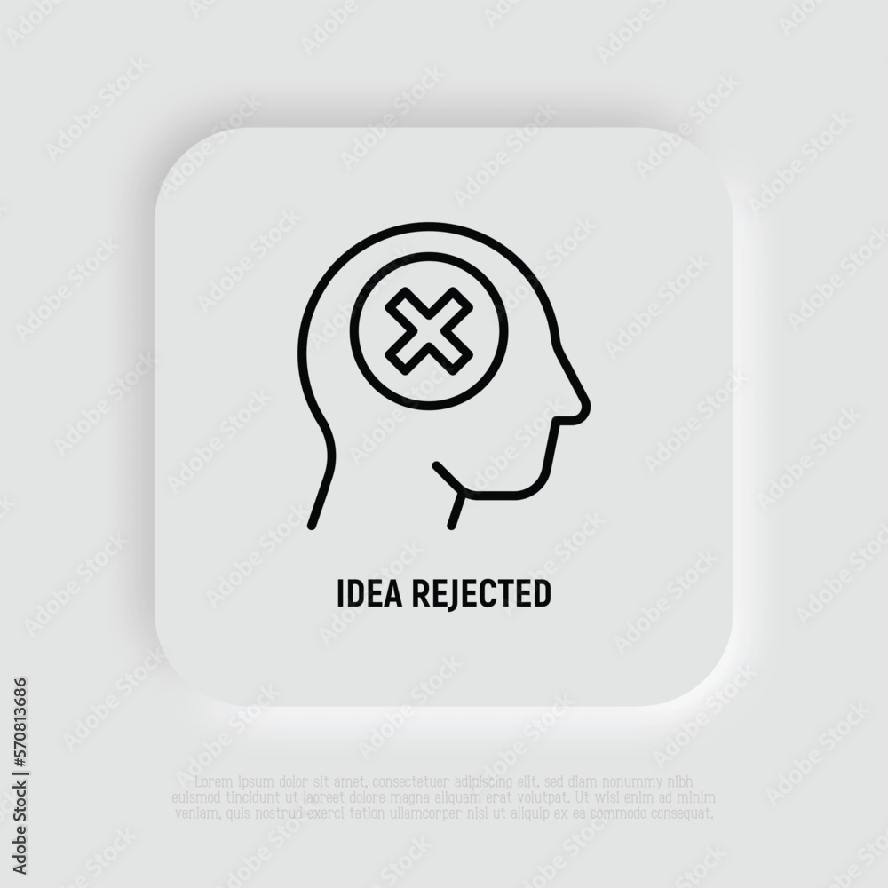 Idea rejected: man with cross mark in head. Thin line icon. Negative thinking. Disappointment. Modern vector illustration. Idea rejected: man with cross mark in head. Thin line icon. Negative thinking. Disappointment. Modern vector illustration.