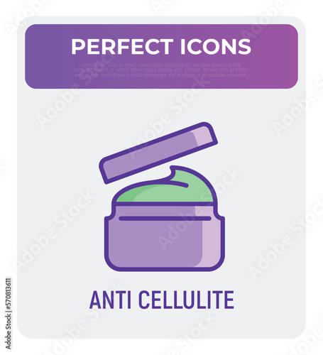 Spa treatment: body scrub, body cream thin line icon. Anti cellulite treatment. Modern vector illustration for beauty shop.