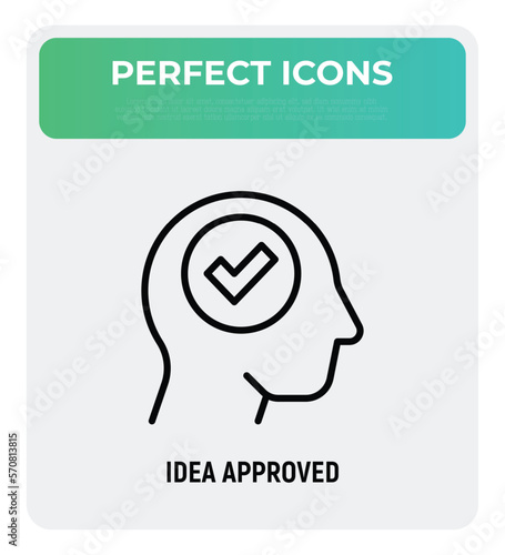Idea approved thin line icon  check mark in human head. Right decision  positive solution. Vector illustration.