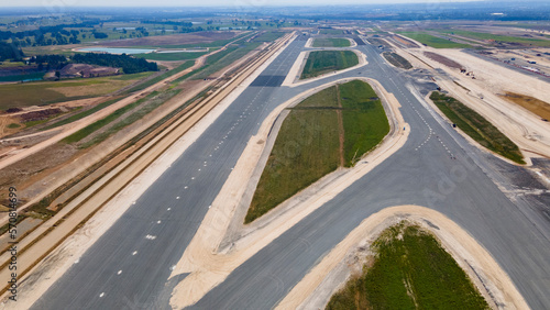 Aerial drone view of the runway at the construction site of the new International Airport at Badgerys Creek in Western Sydney, NSW, Australia in February 2023 