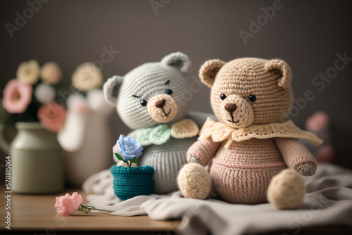 knitting art illustration with cute bear object suitable for children's themed book illustration elements, created using artificial intelligence